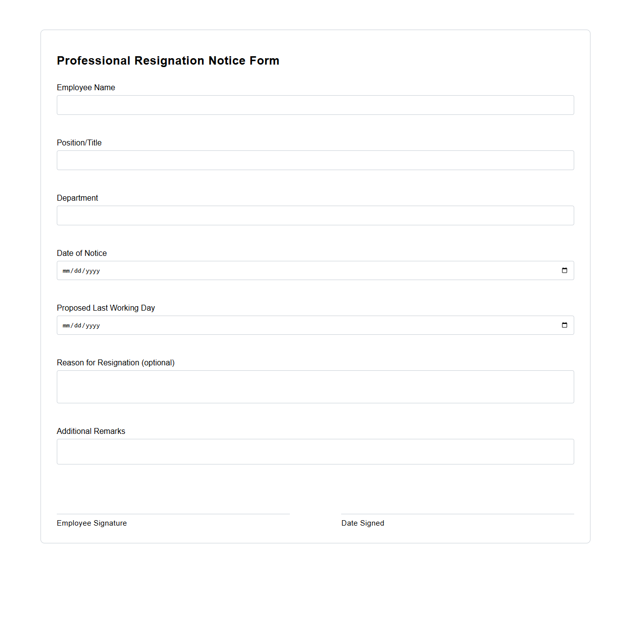 Professional Resignation Notice Blank Form