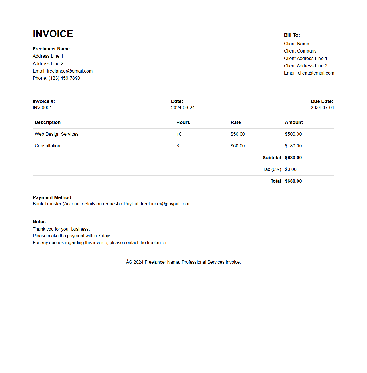 Professional Service Invoice Format for Freelancers