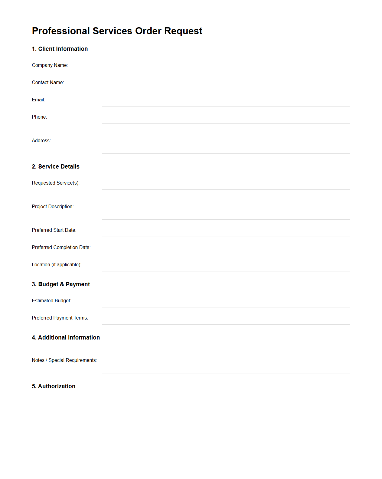 Professional Services Order Request Template