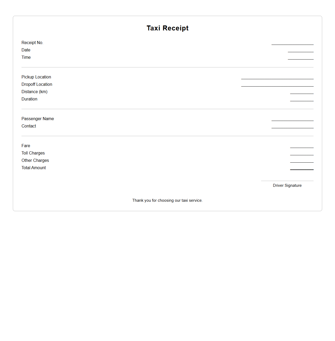 Professional Taxi Driver Receipt Layout