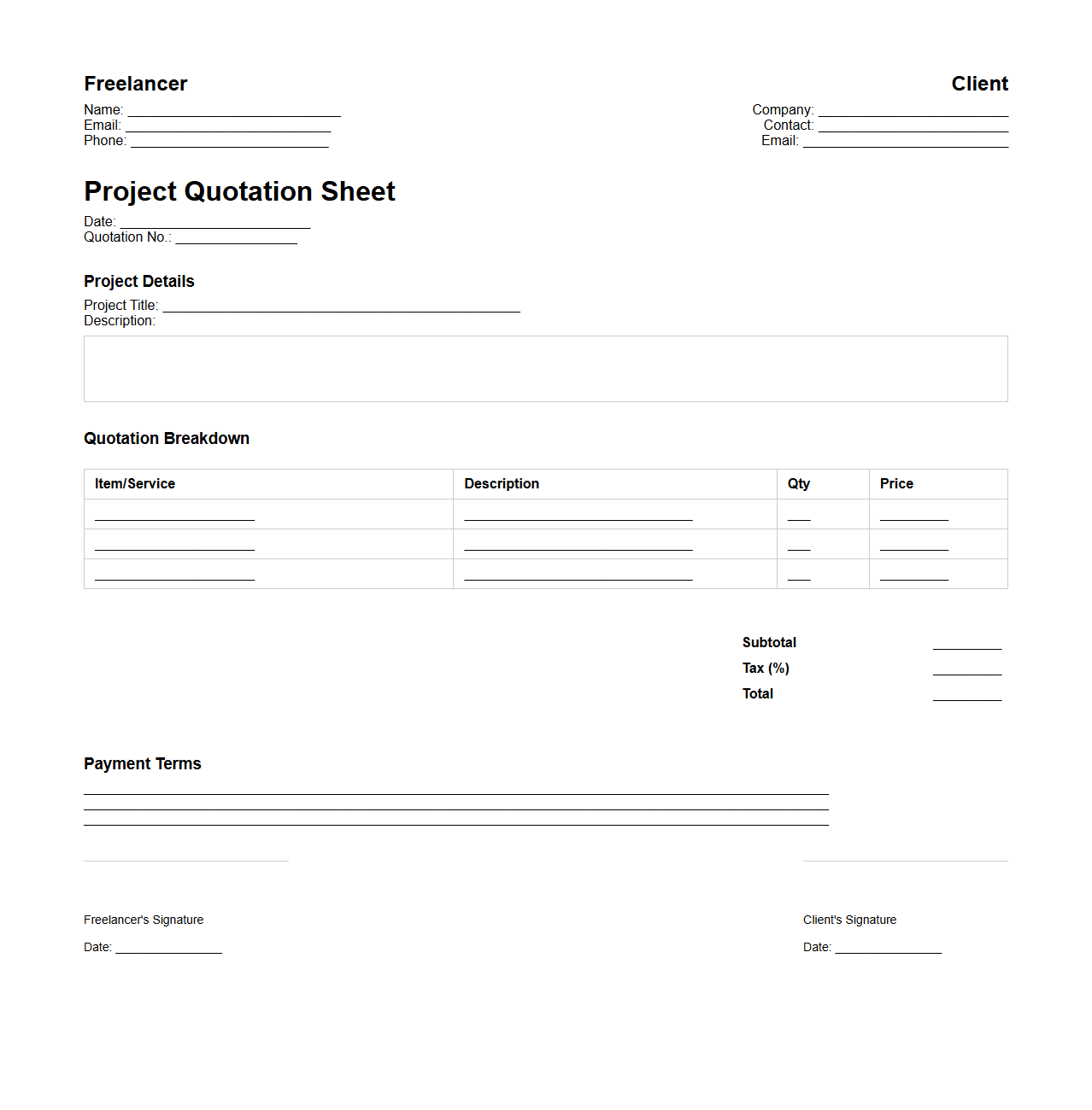 Project-Based Freelance Quotation Sheet