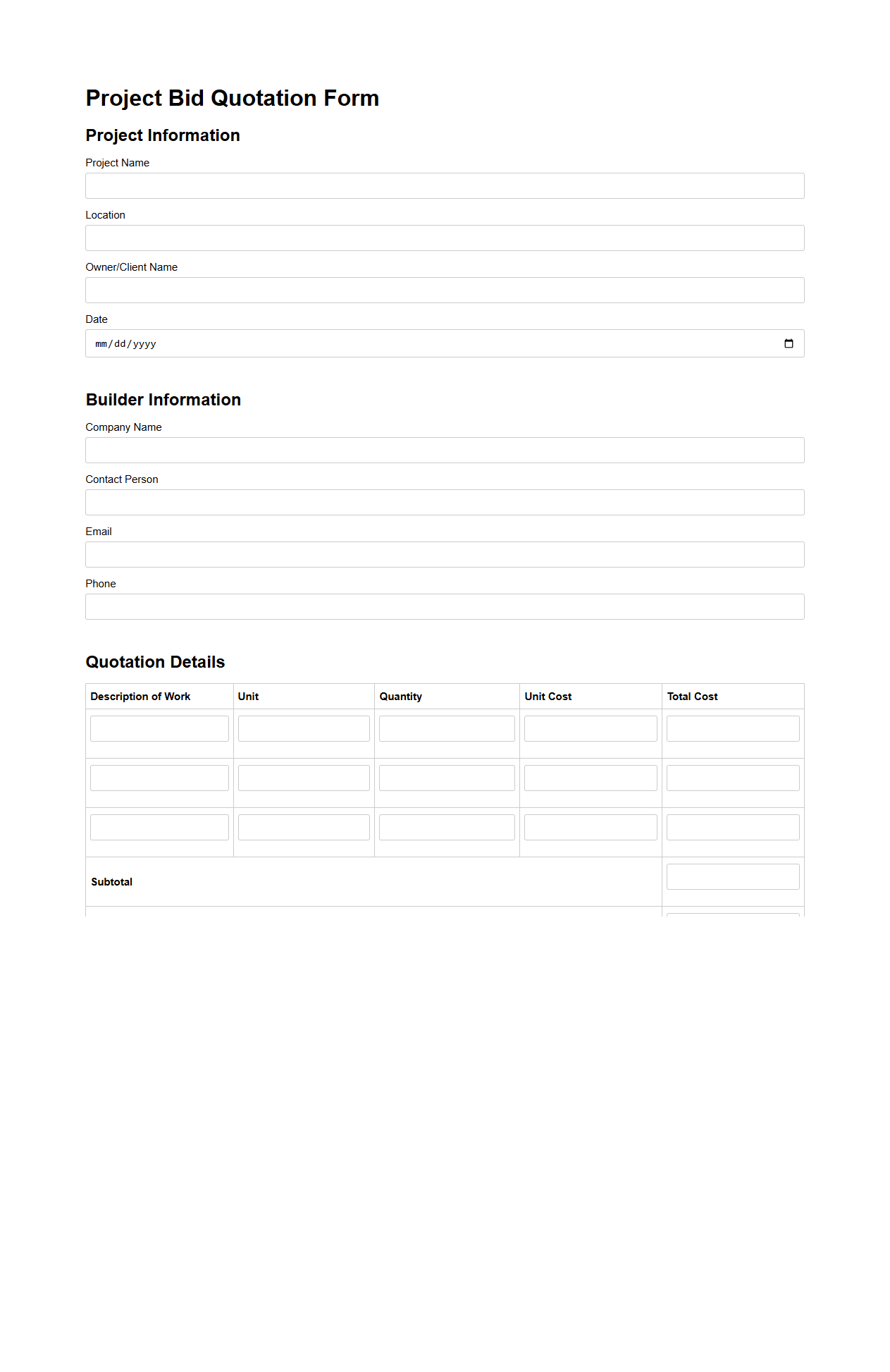 Project Bid Quotation Form for Builders
