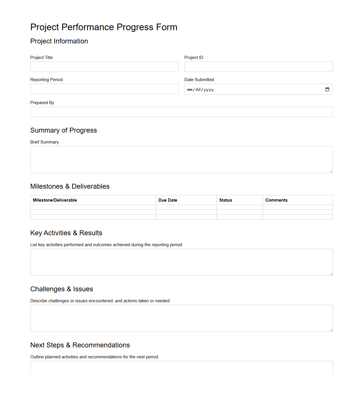 Project Performance Progress Blank Form