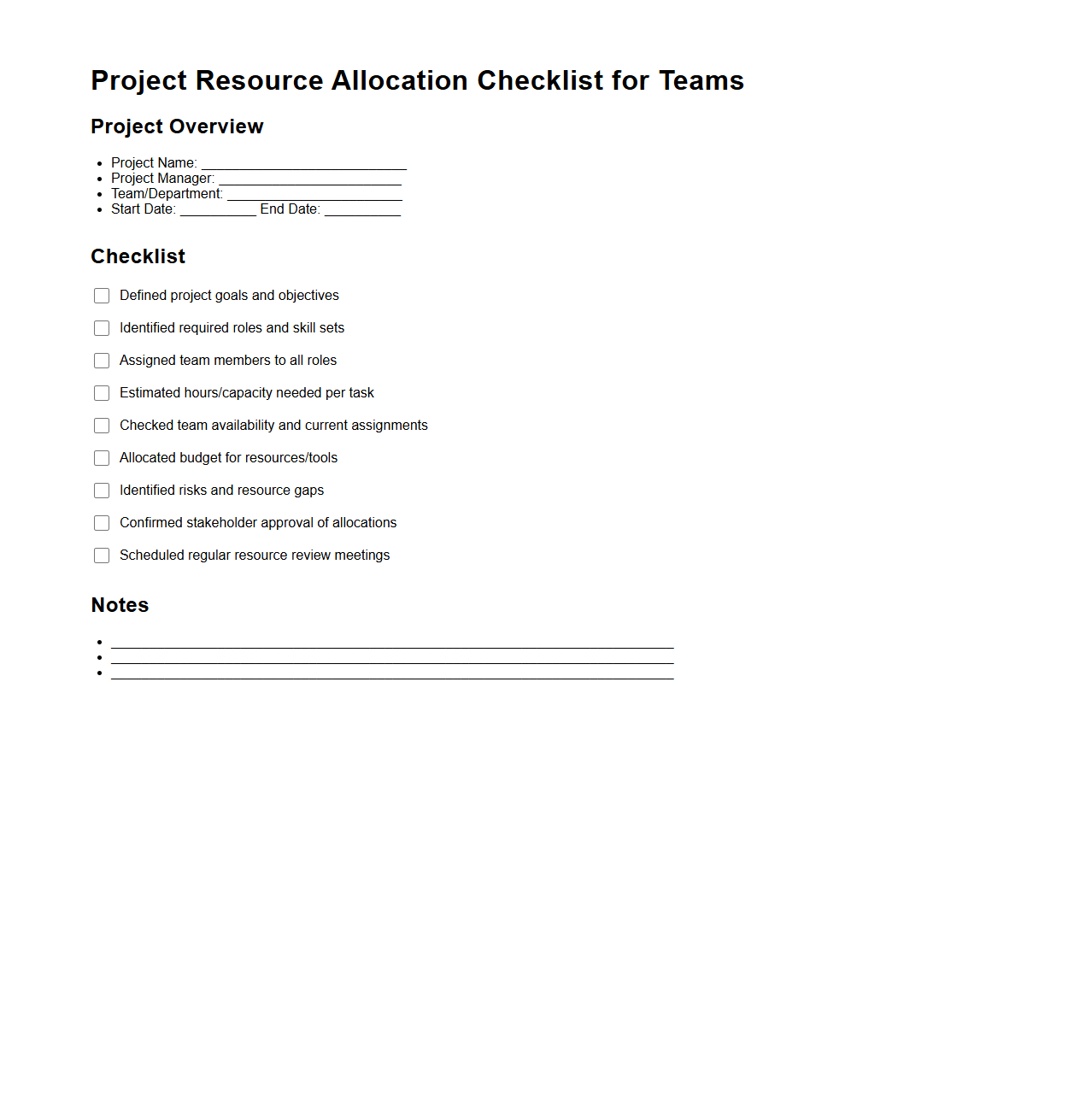 Project Resource Allocation Checklist for Teams