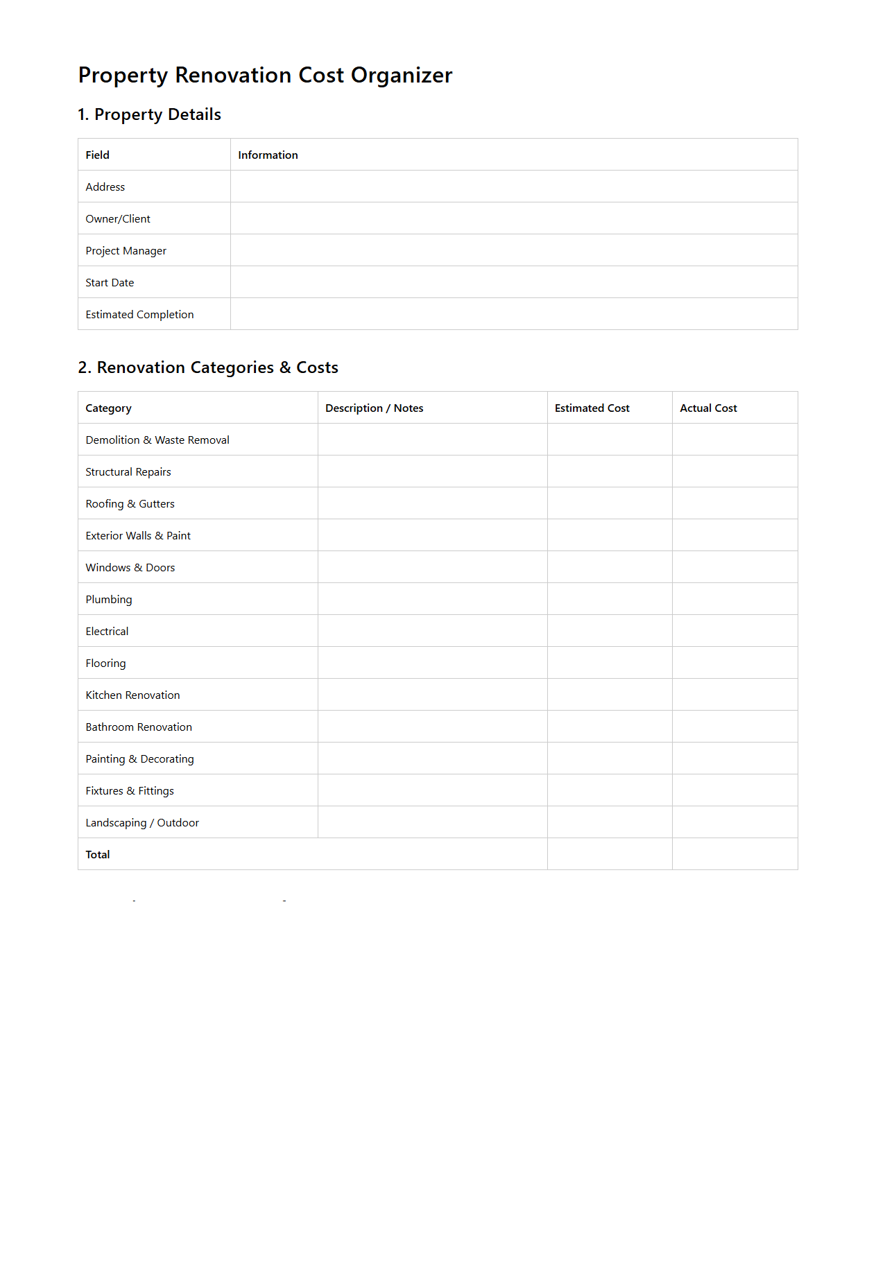 Property Renovation Cost Organizer Template