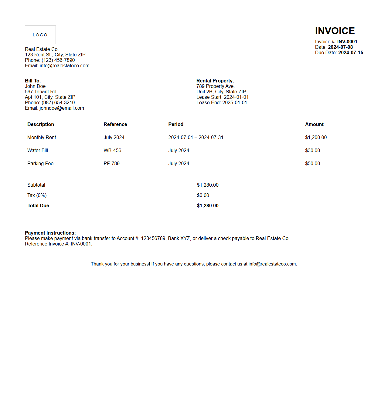 Property Rental Invoice Layout for Real Estate