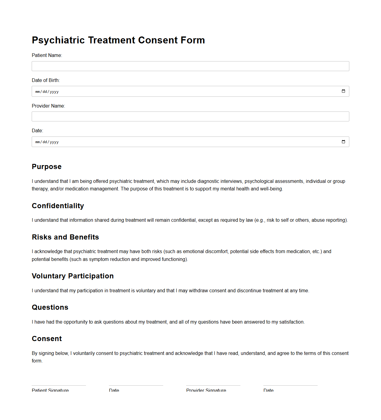Psychiatric Treatment Consent Form Template