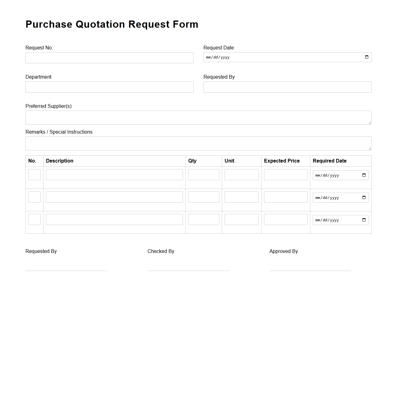 Purchase Quotation Request Form