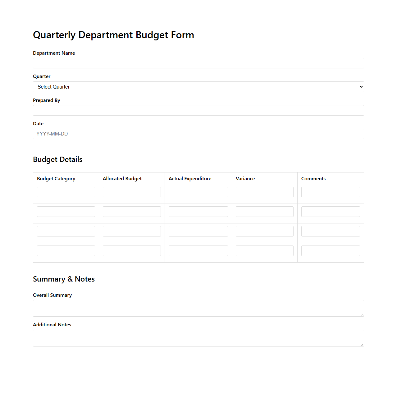 Quarterly Department Budget Form for Organizational Reporting