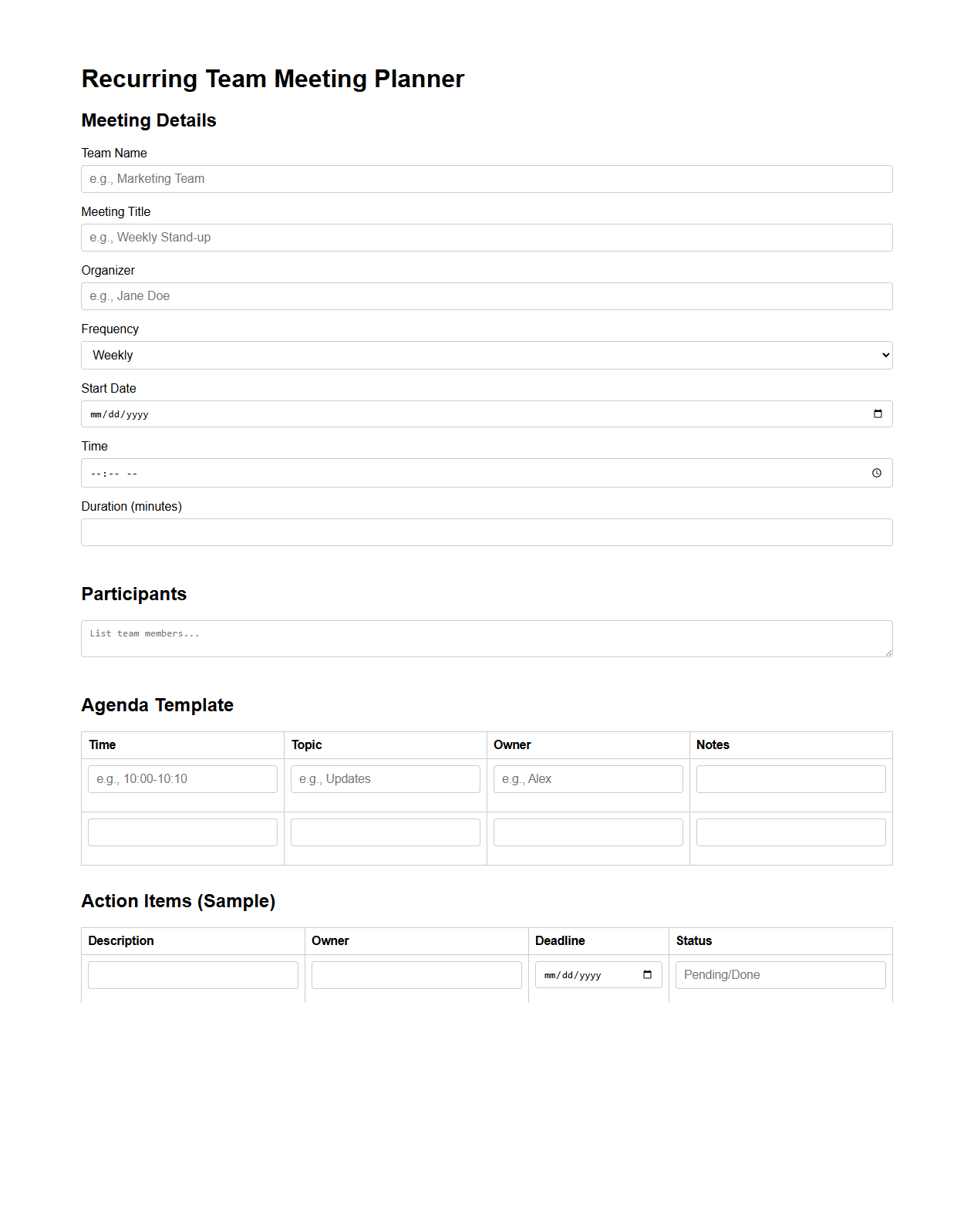 Recurring Team Meeting Planner Template