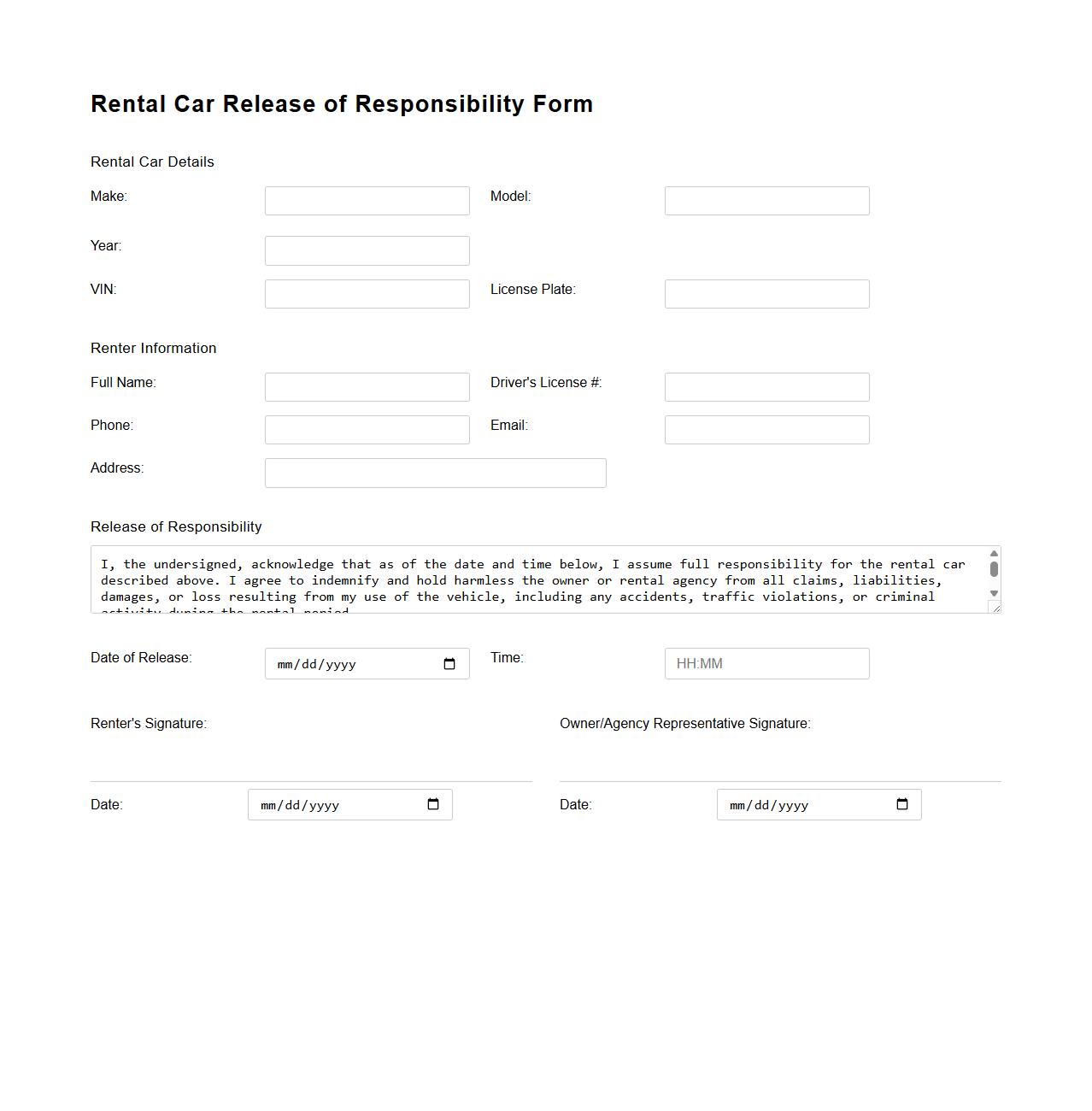 Rental Car Release of Responsibility Form