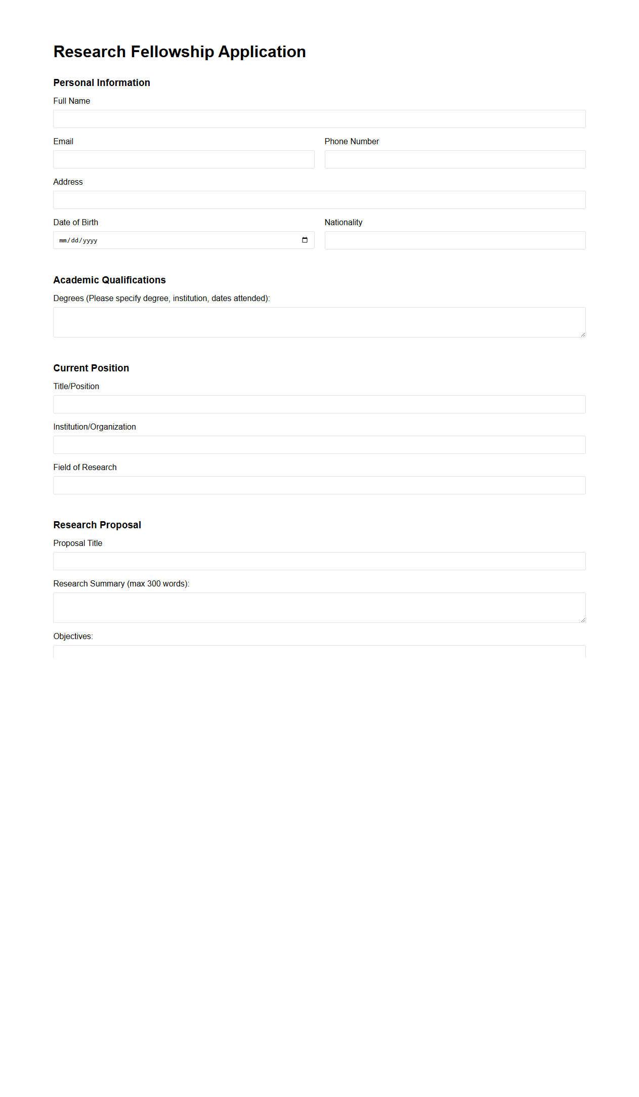 Research Fellowship Application Template: Blank Version