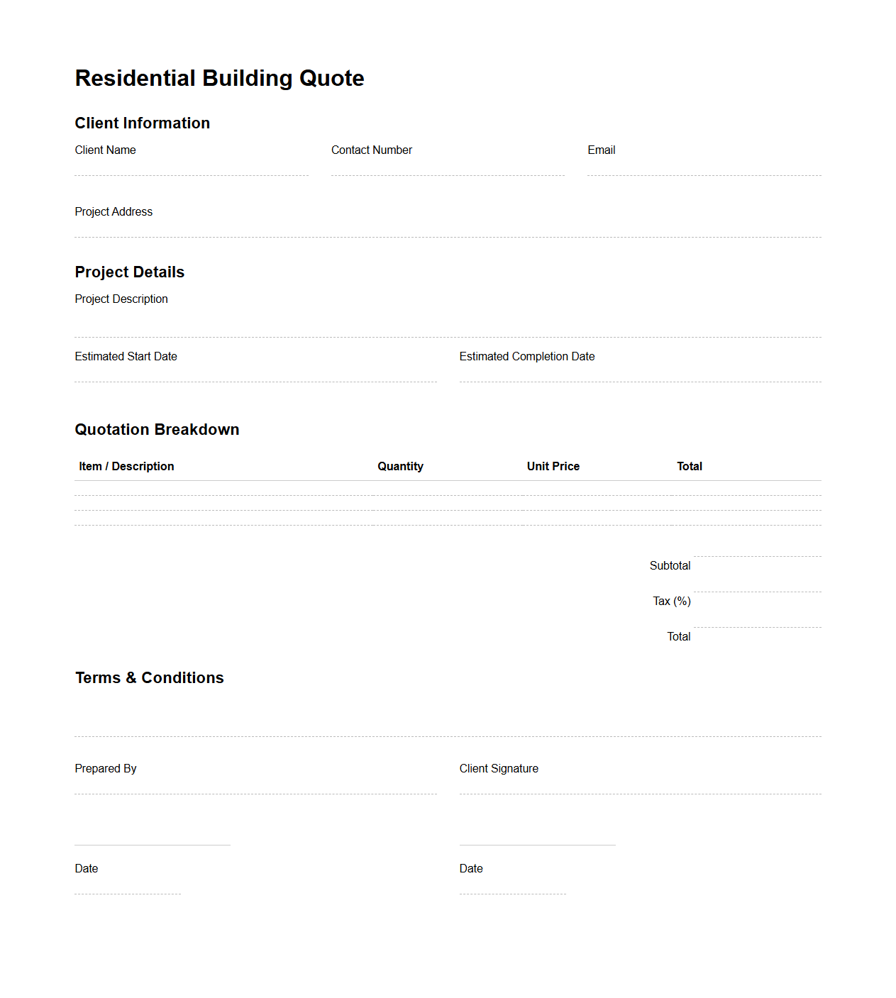 Residential Building Quote Document