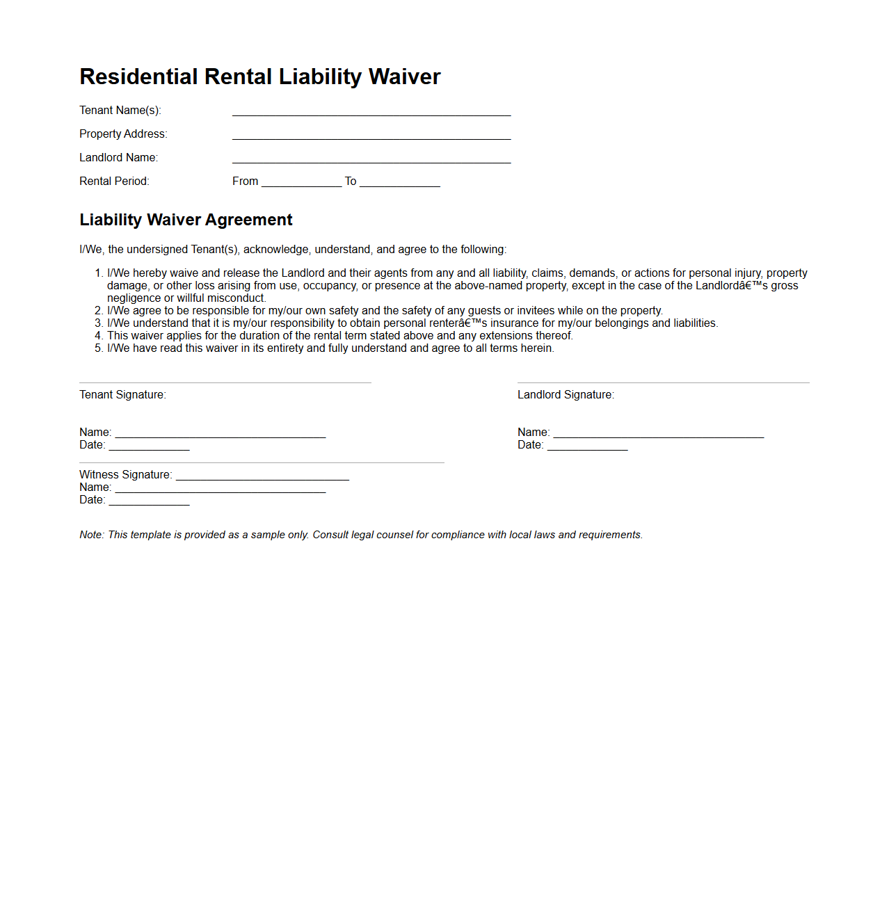 Residential Rental Liability Waiver Template