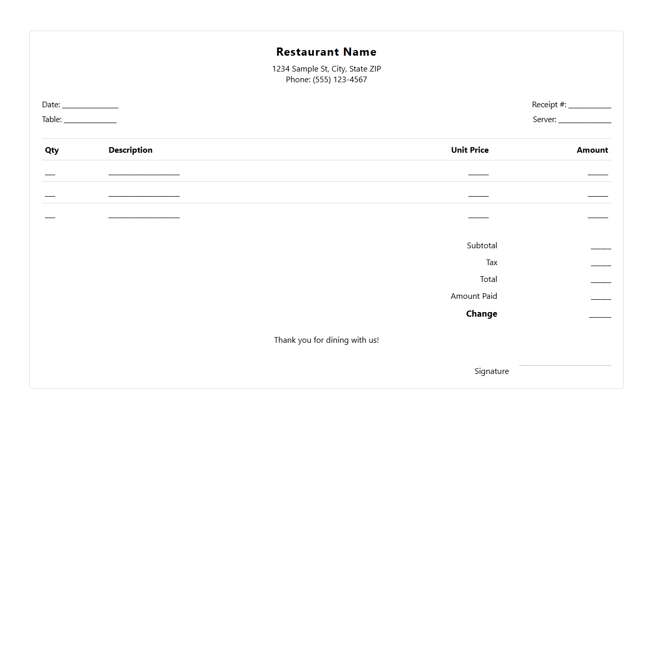 Restaurant Receipt Template