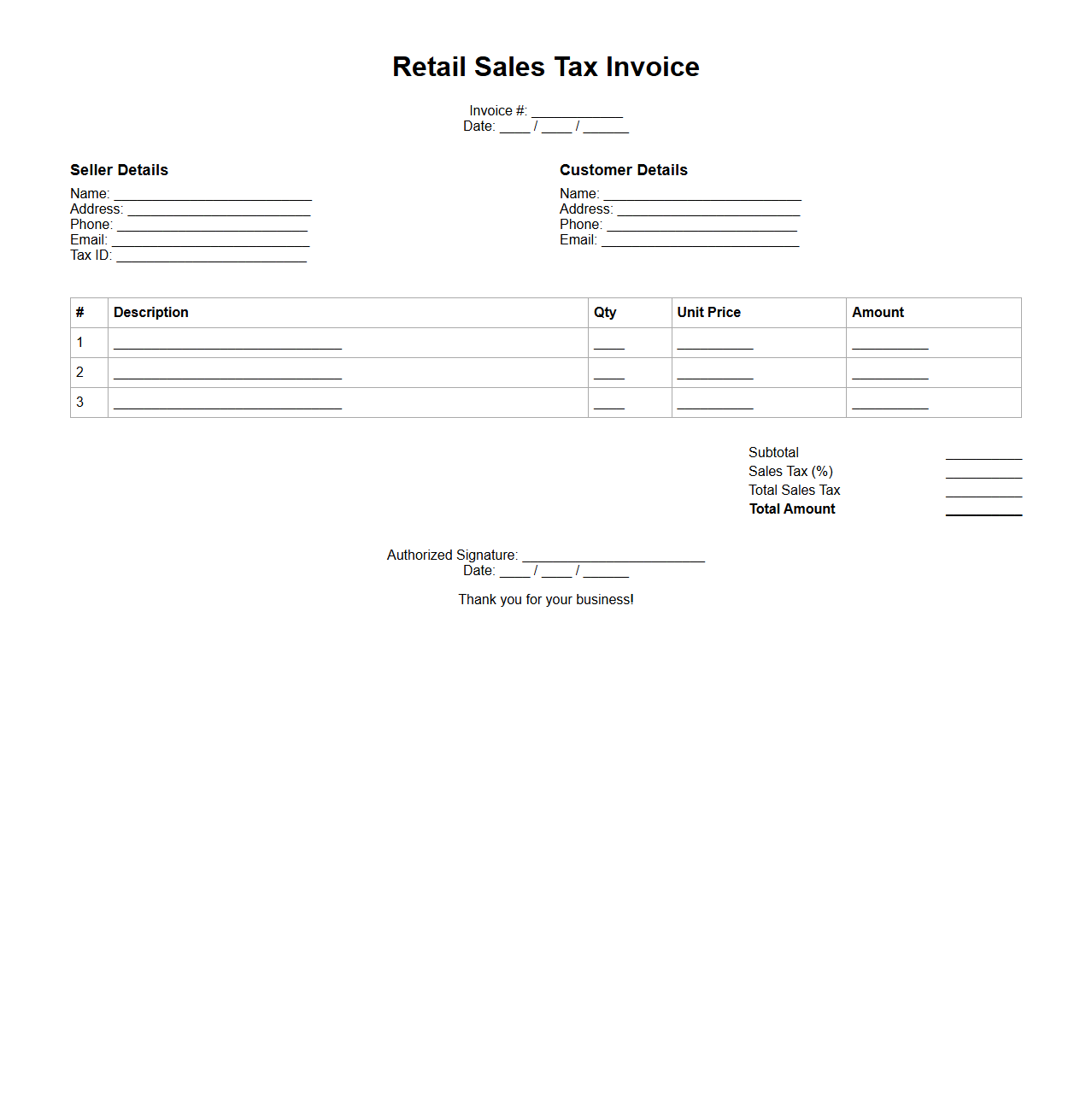 Retail Sales Tax Invoice Document