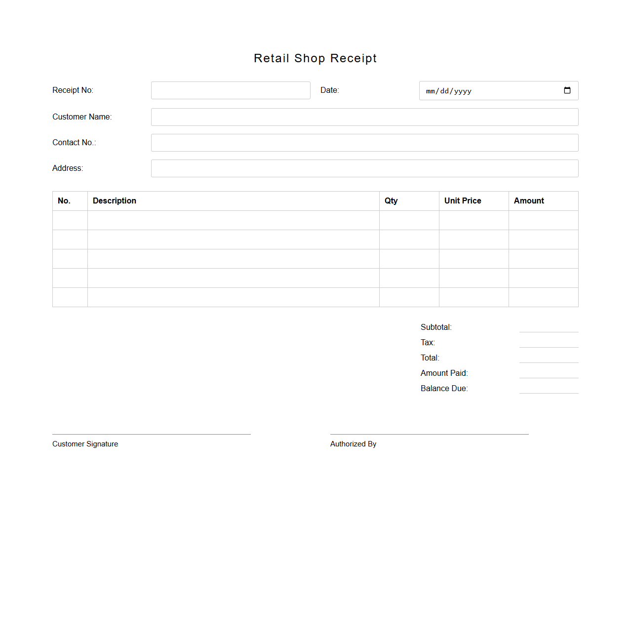 Retail Shop Blank Receipt Form