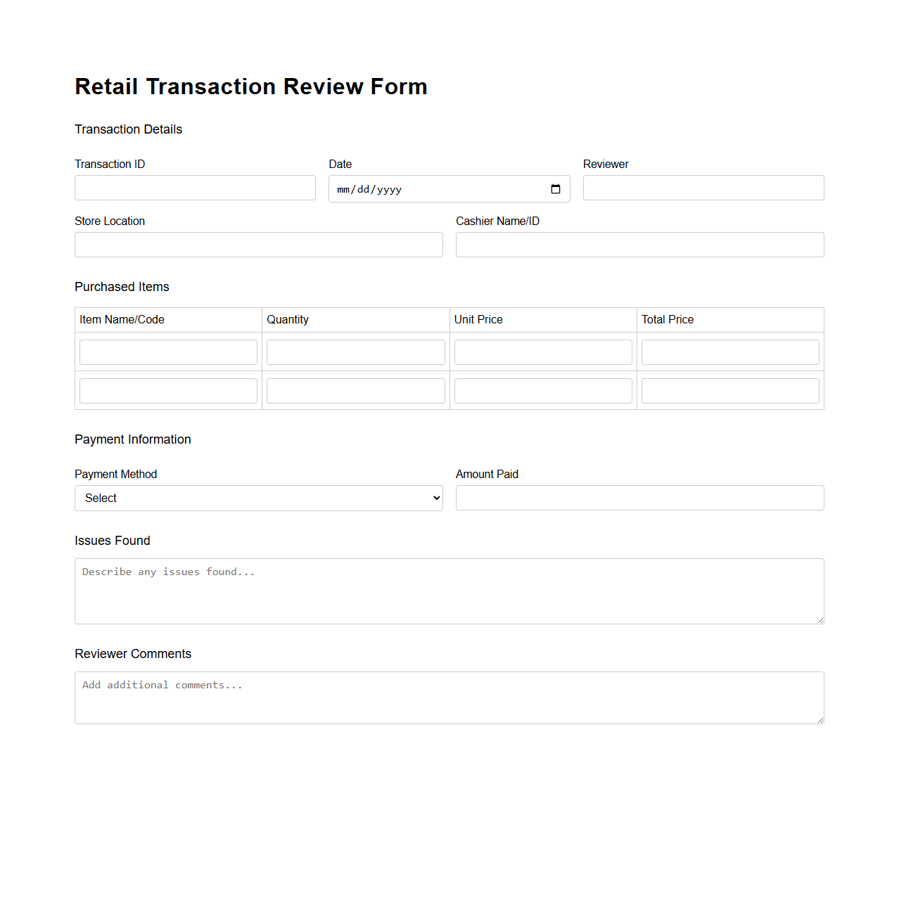 Retail Transaction Review Form Template