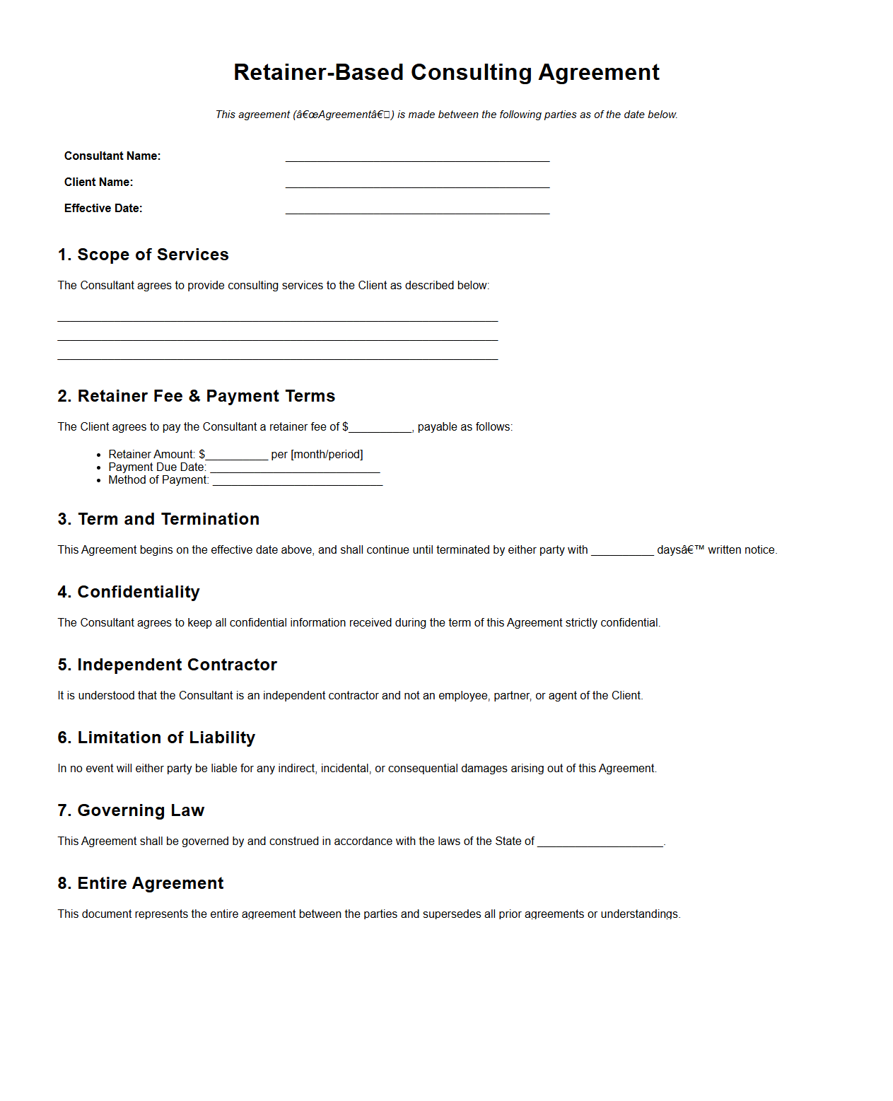 Retainer-Based Consulting Agreement Document
