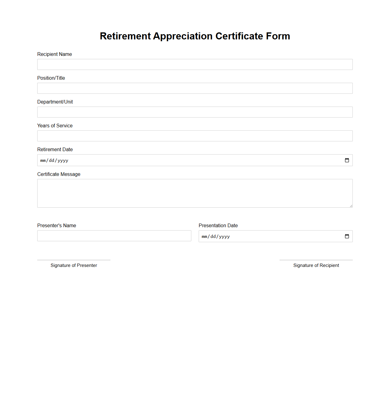 Retirement Appreciation Certificate Form