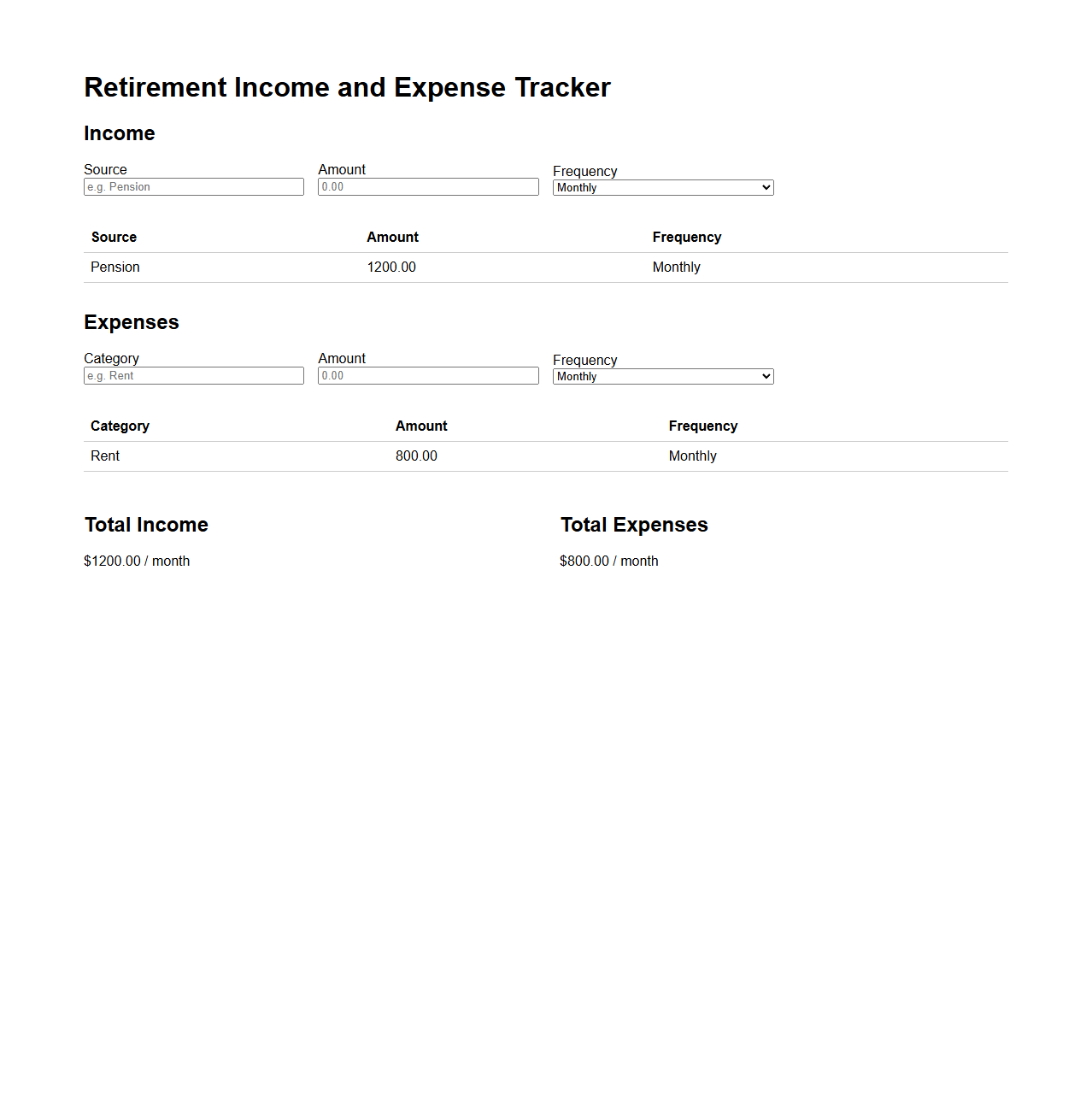 Retirement Income and Expense Tracker