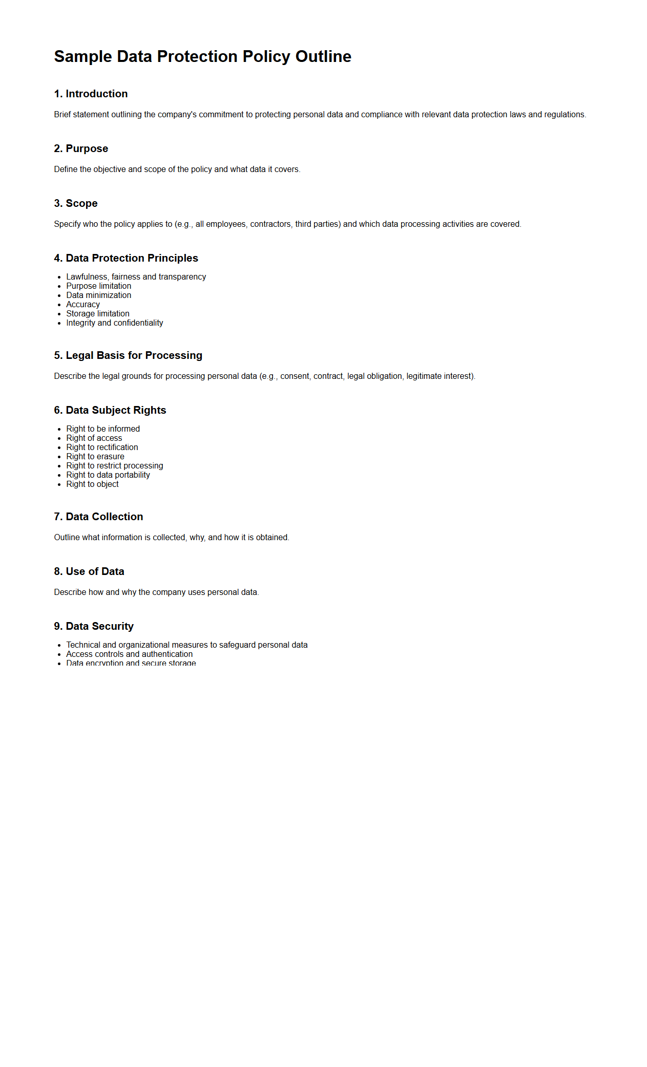 Sample Data Protection Policy Outline for Companies