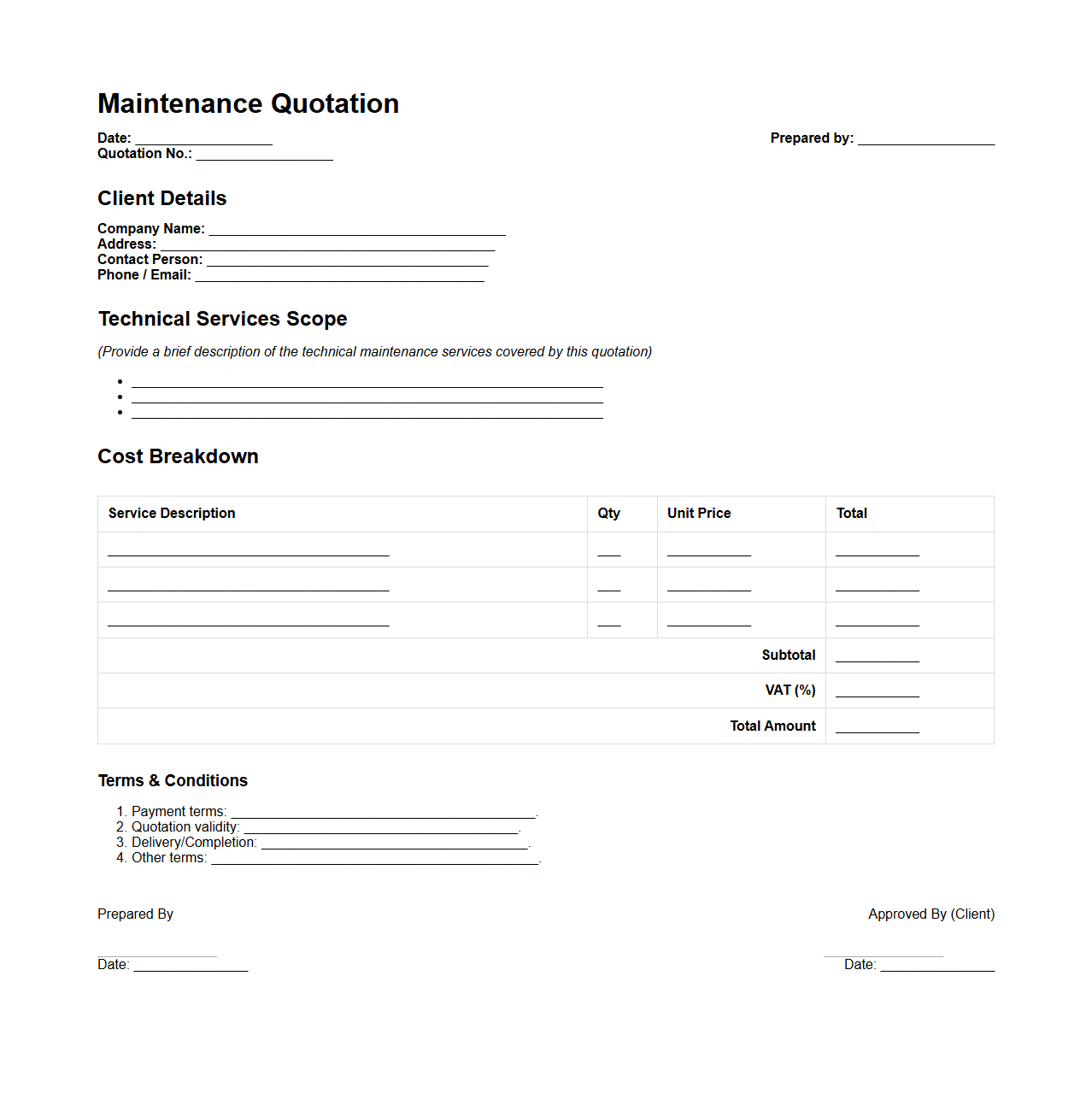 Sample Maintenance Quotation Template for Technical Services