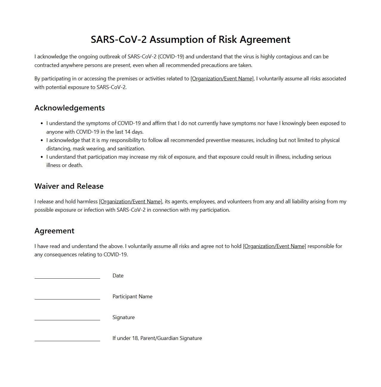 SARS-CoV-2 Assumption of Risk Agreement