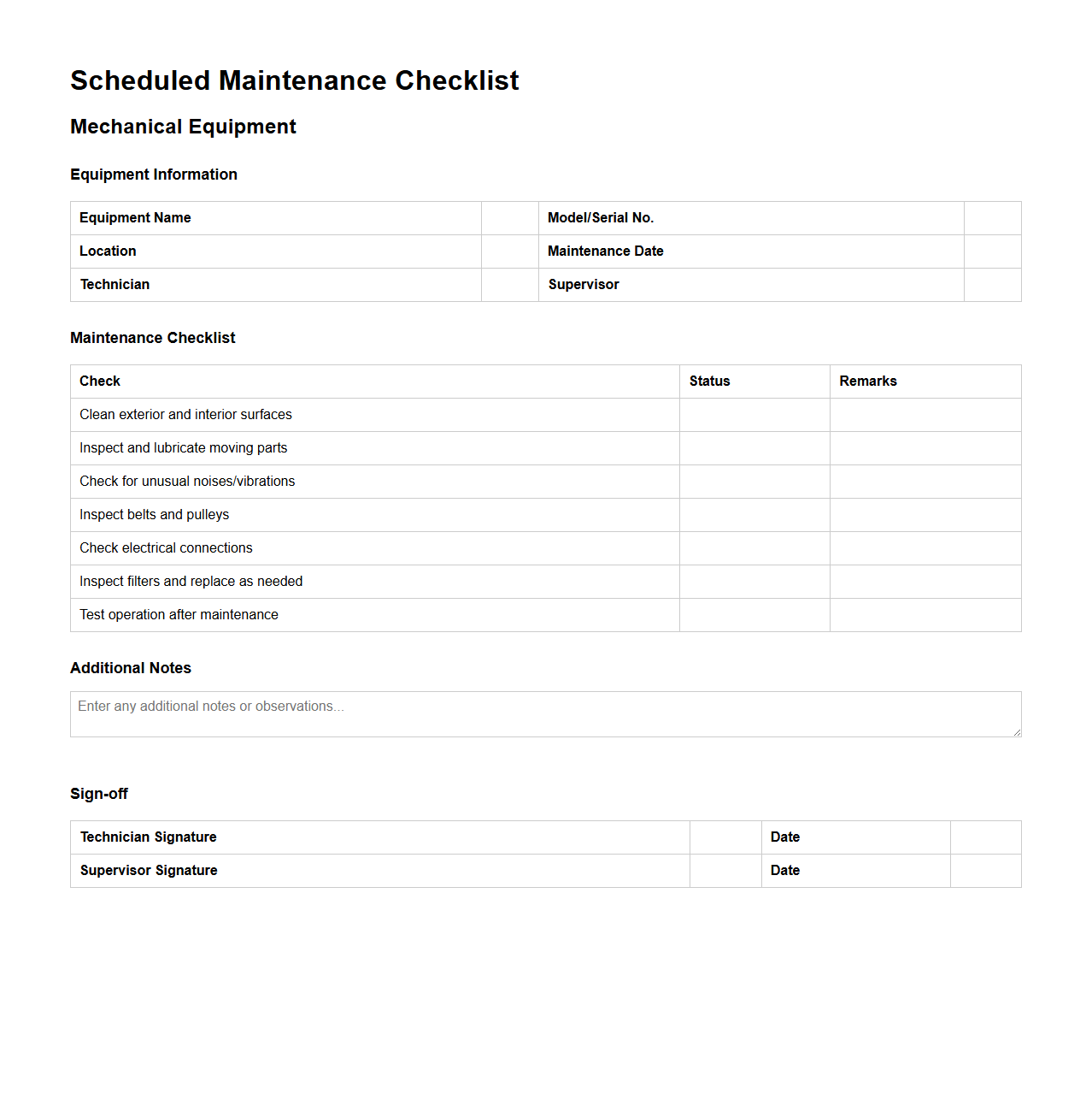 Scheduled Maintenance Checklist for Mechanical Equipment