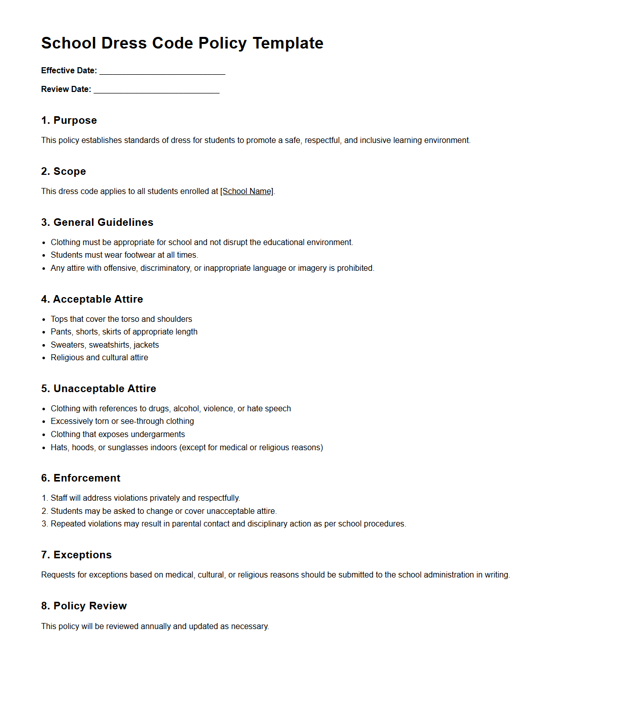 School Dress Code Policy Template
