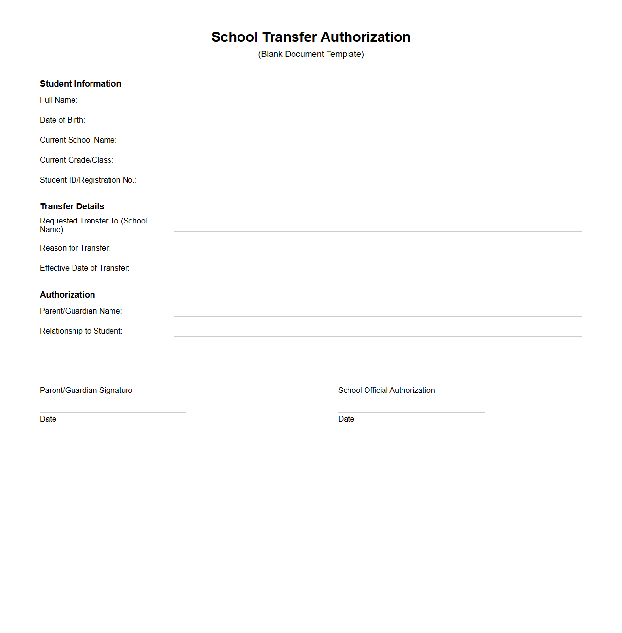 School Transfer Authorization Document Template