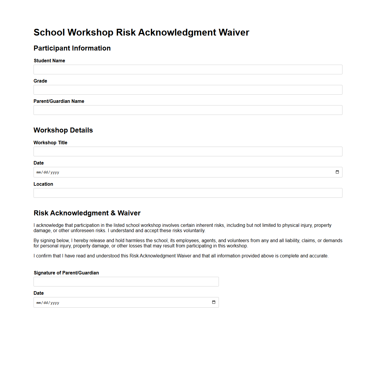 School Workshop Risk Acknowledgment Waiver