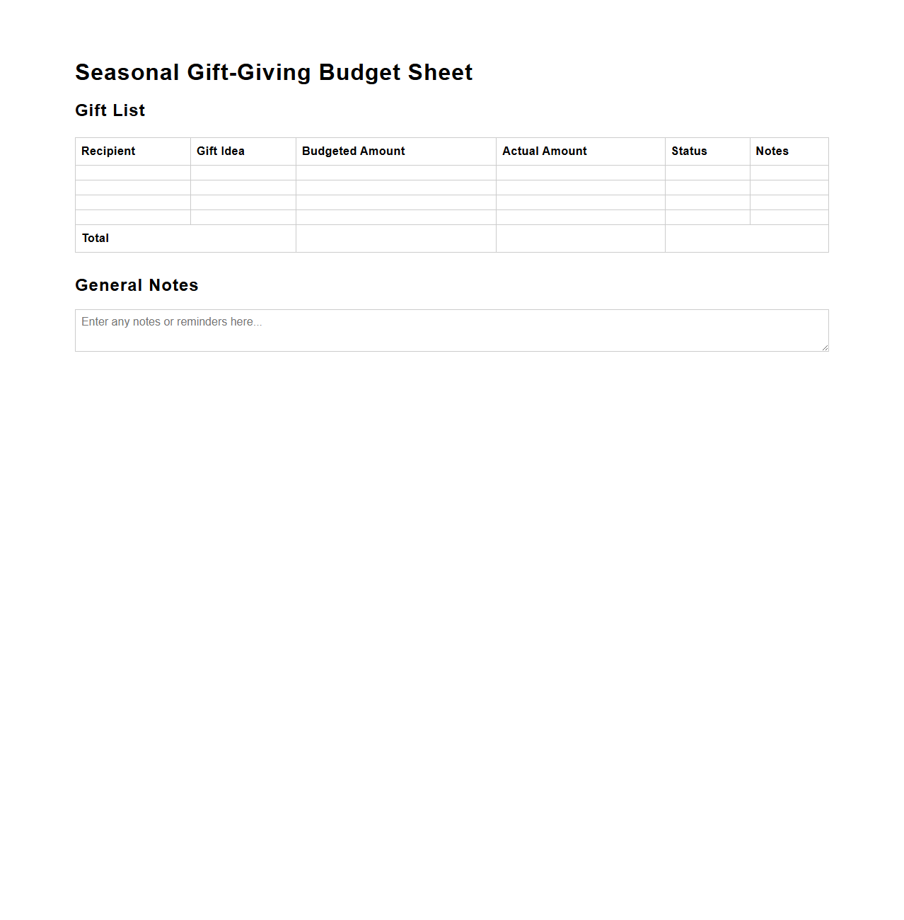Seasonal Gift-Giving Budget Sheet