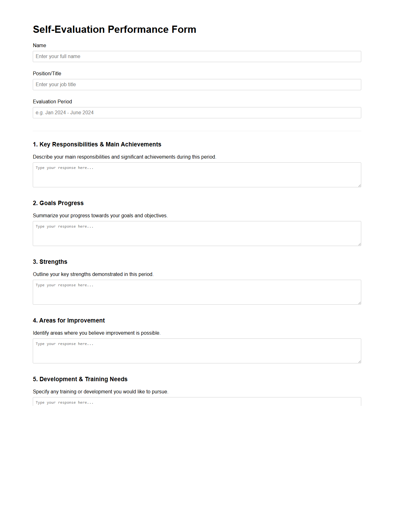 Self-Evaluation Performance Form Template