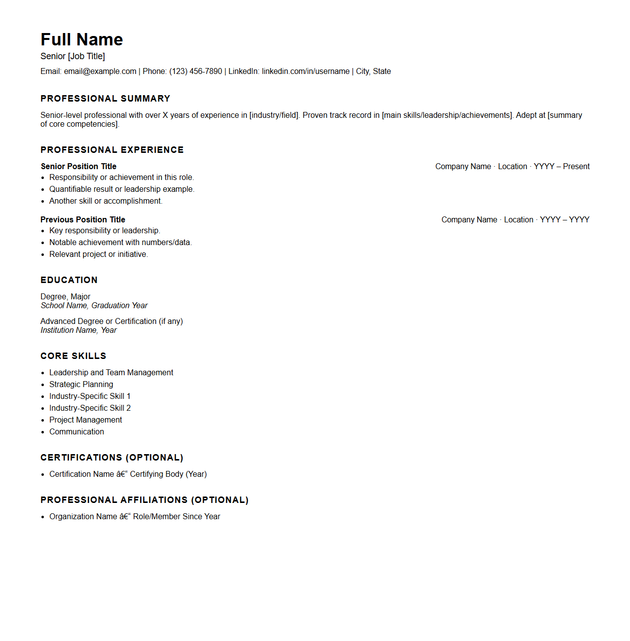 Senior-Level Job Application Resume Format