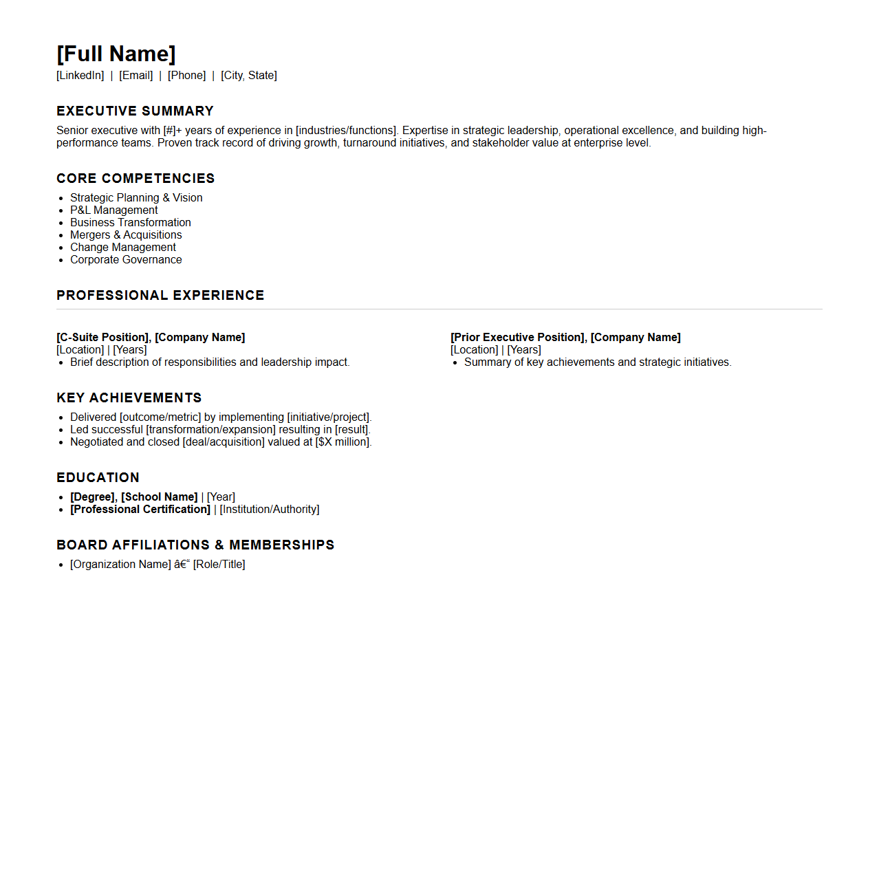 Senior Management Resume Outline for C-Suite Applications