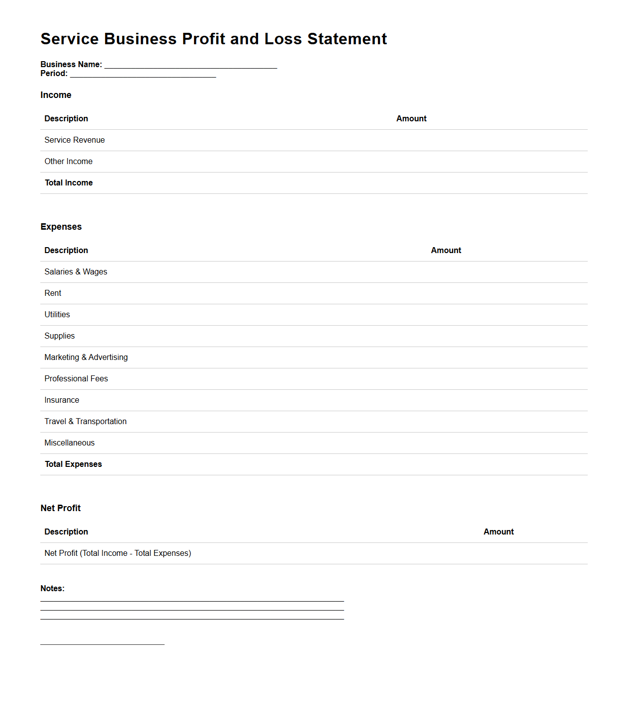 Service Business Profit and Loss Statement Template for Entrepreneurs