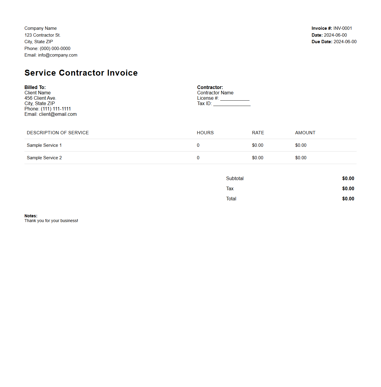 Service Contractor Invoice Layout