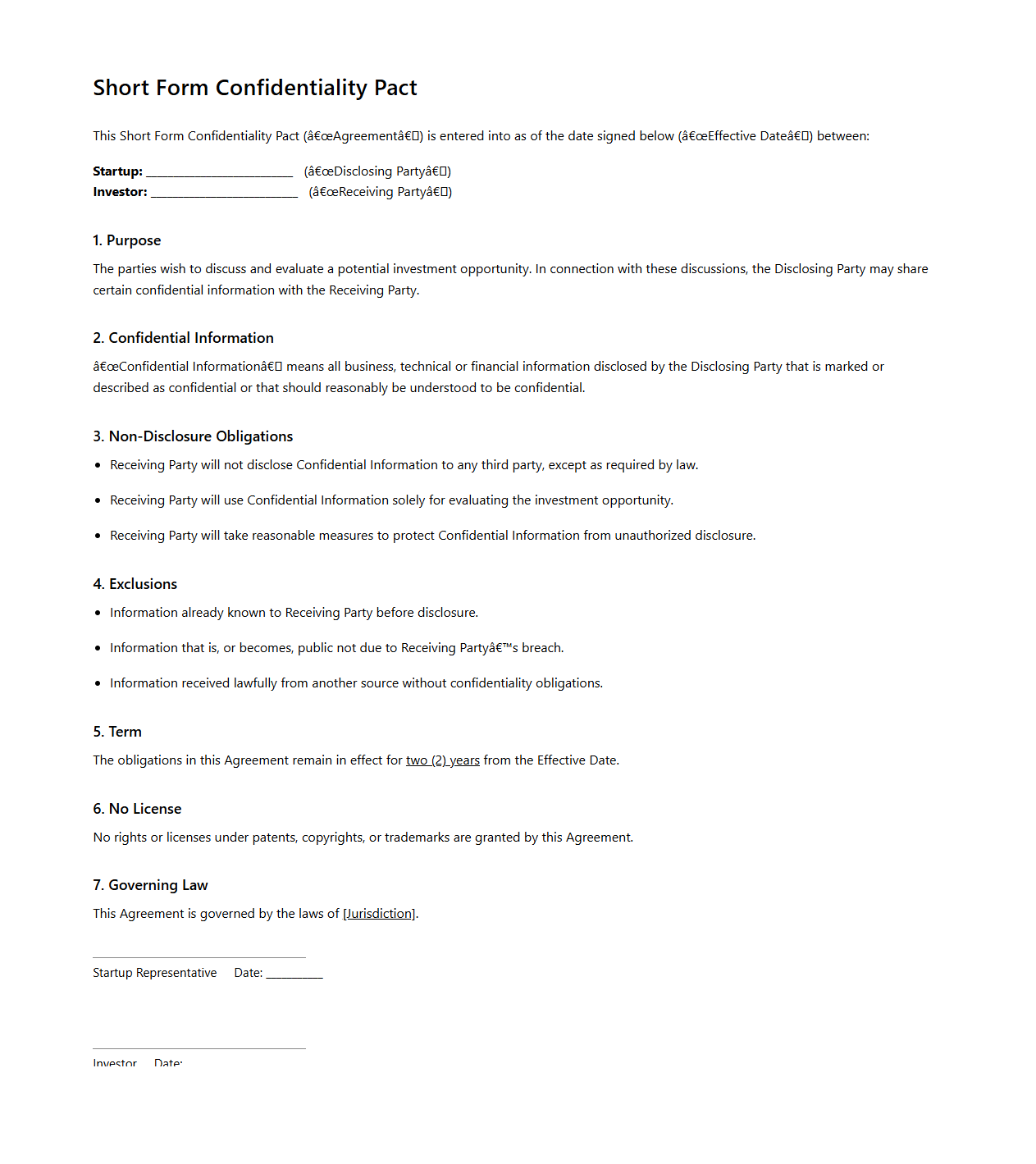 Short Form Confidentiality Pact for Startups and Investors