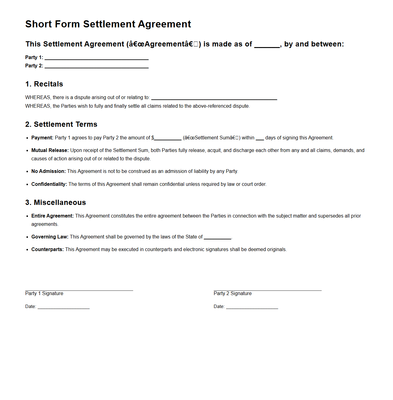 Short Form Settlement Agreement for Litigation