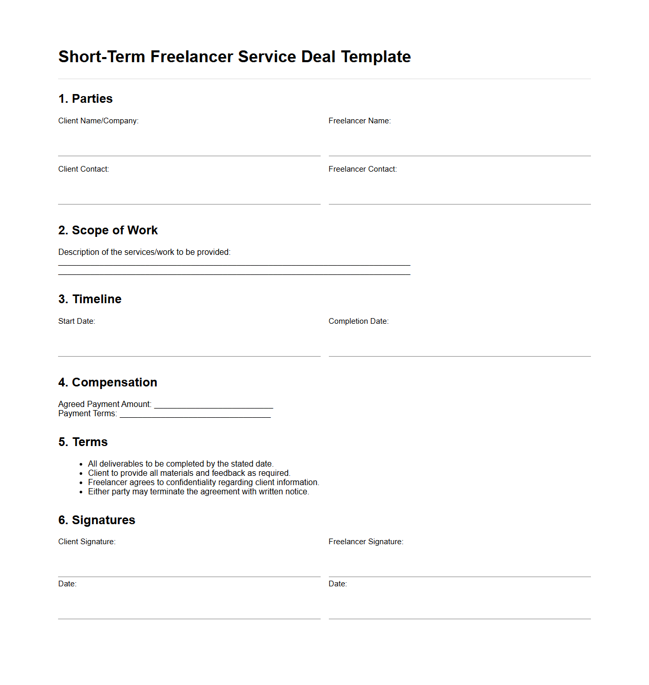 Short-Term Freelancer Service Deal Template