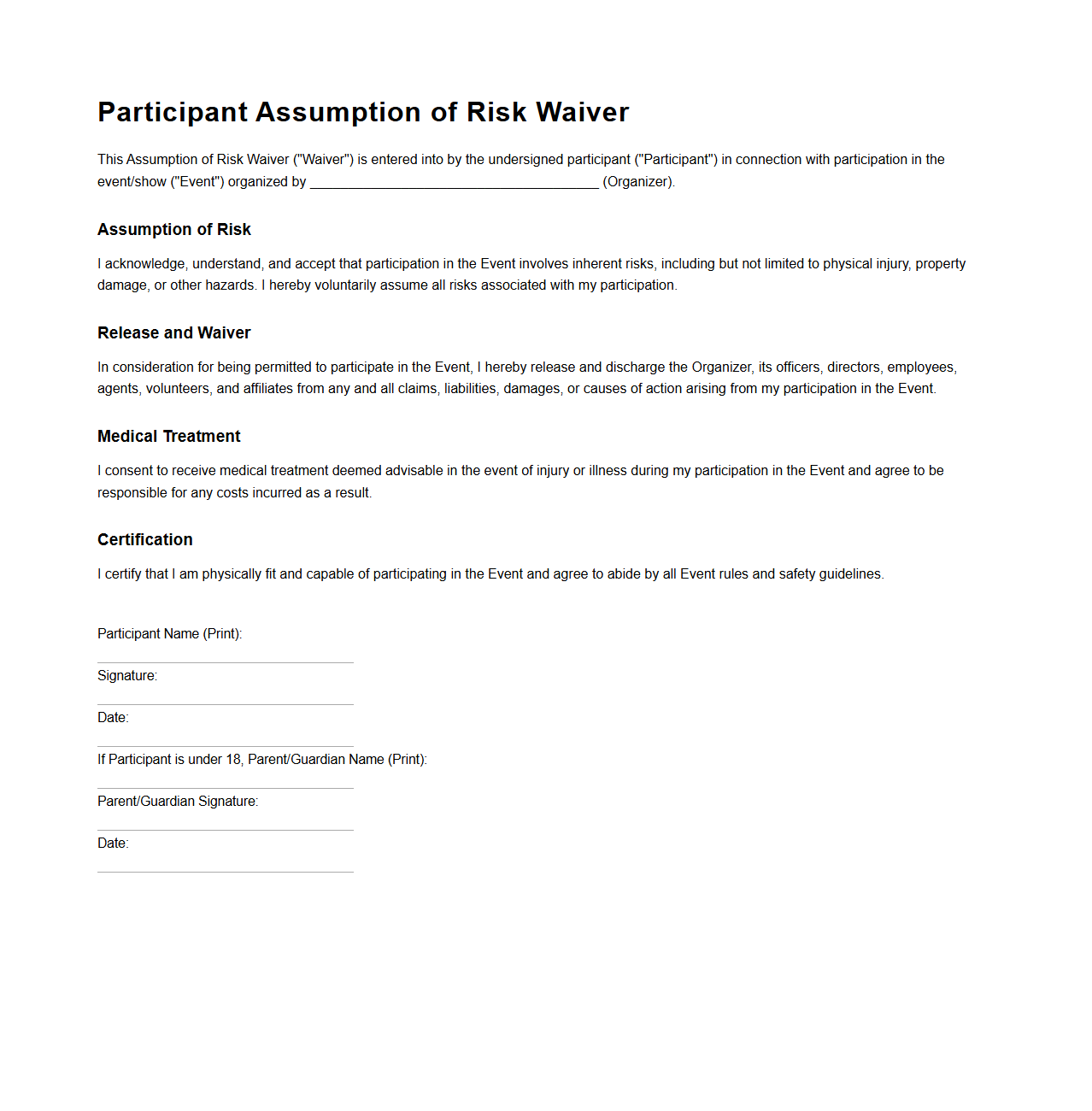 Show Participant Assumption of Risk Waiver Template