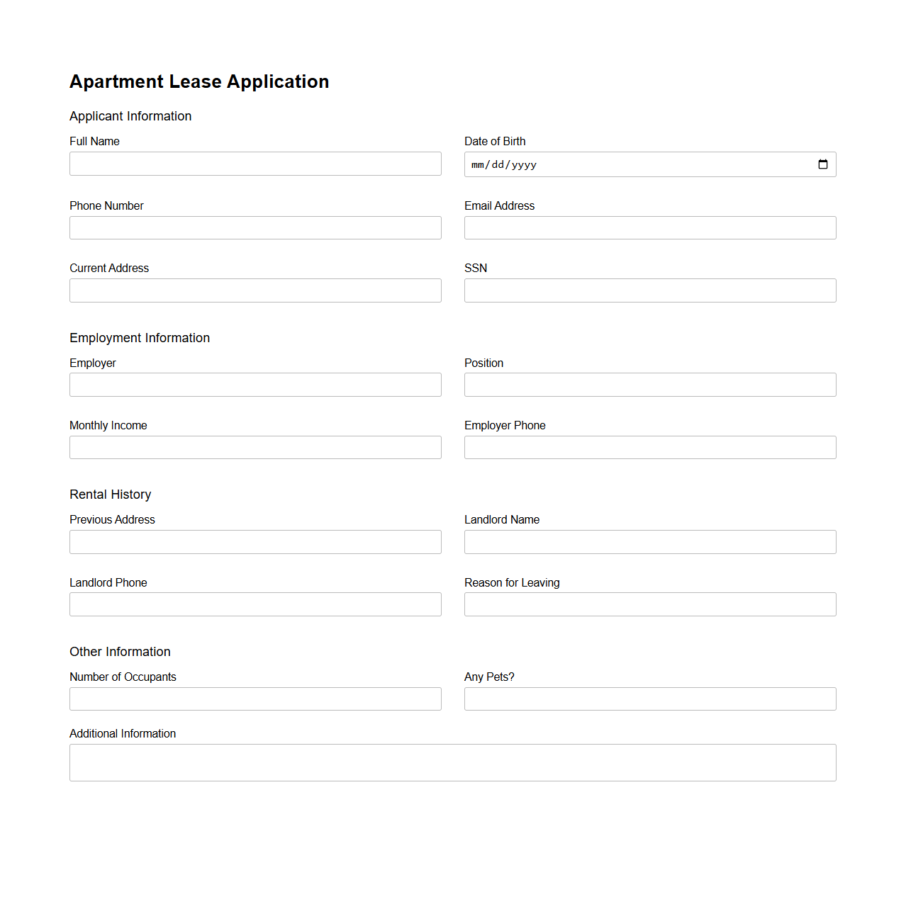 Simple Apartment Lease Application Sheet