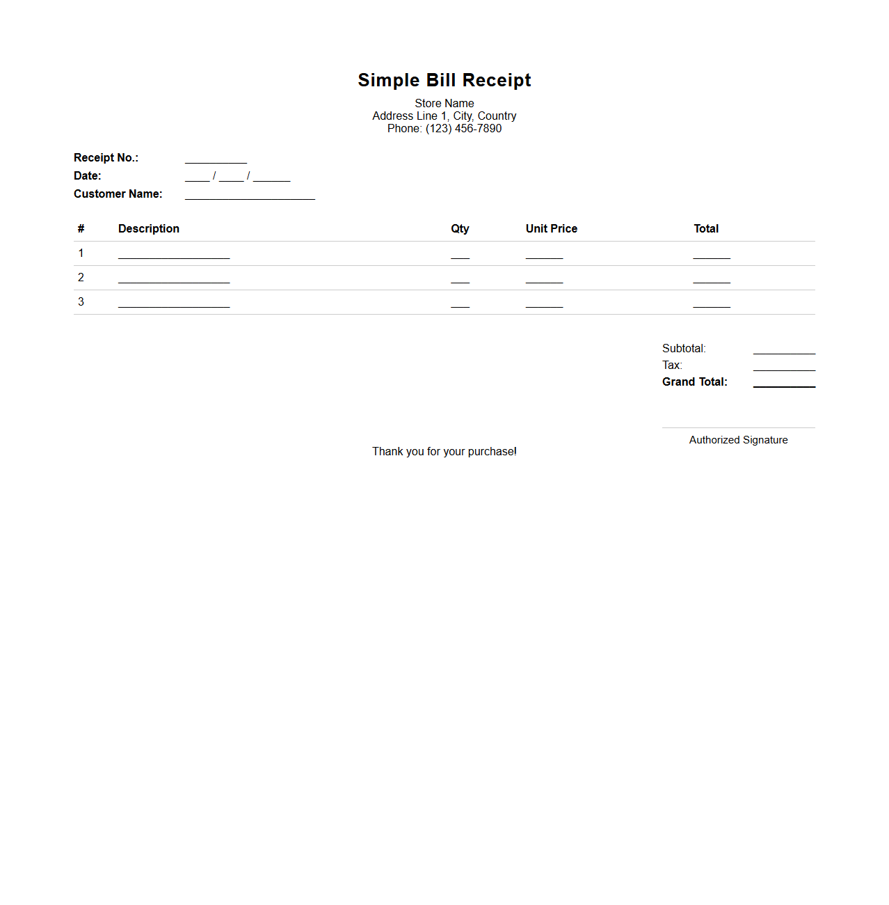 Simple Bill Receipt Template for Purchases