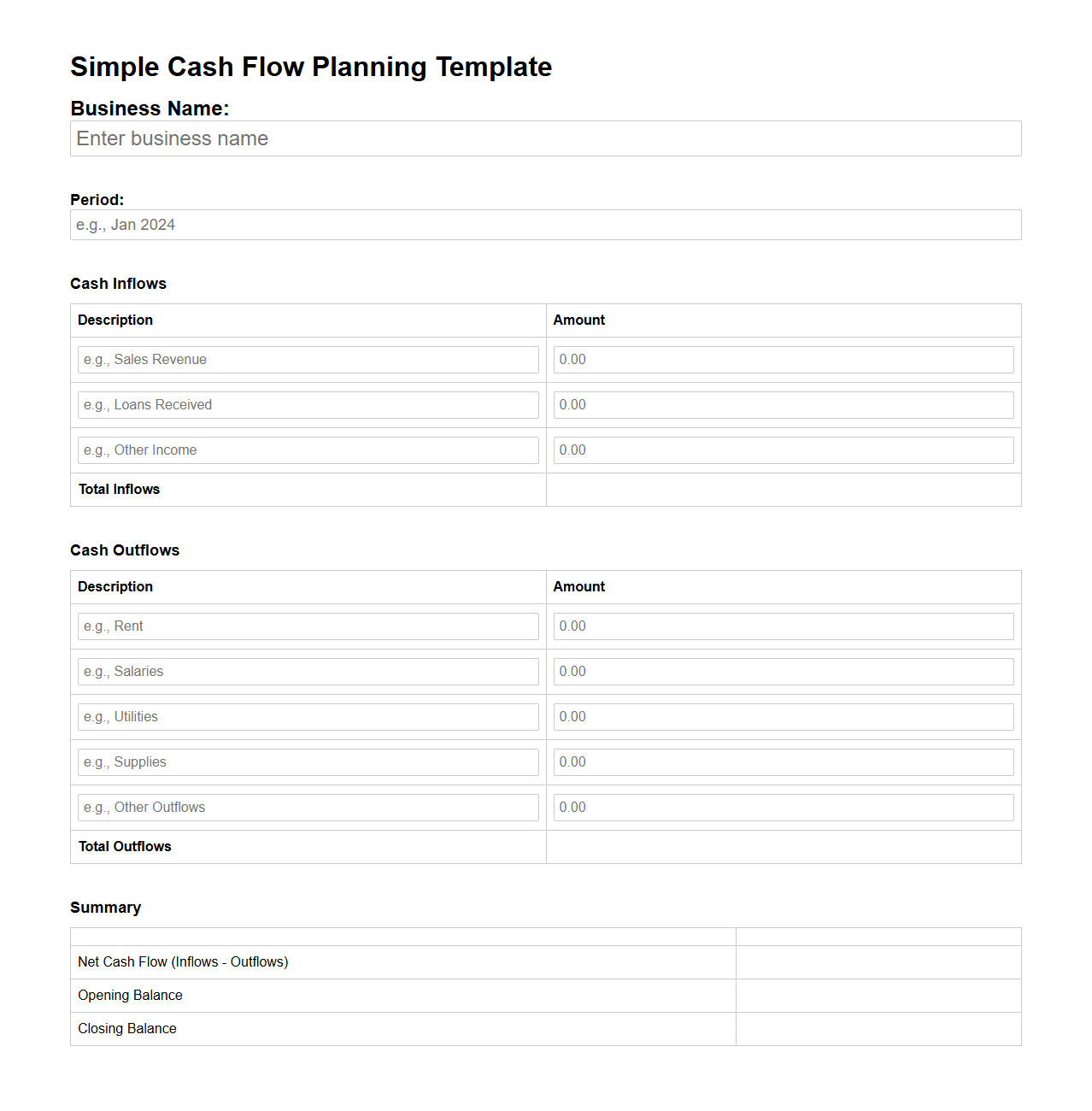 Simple Blank Cash Flow Planning Template for Small Businesses
