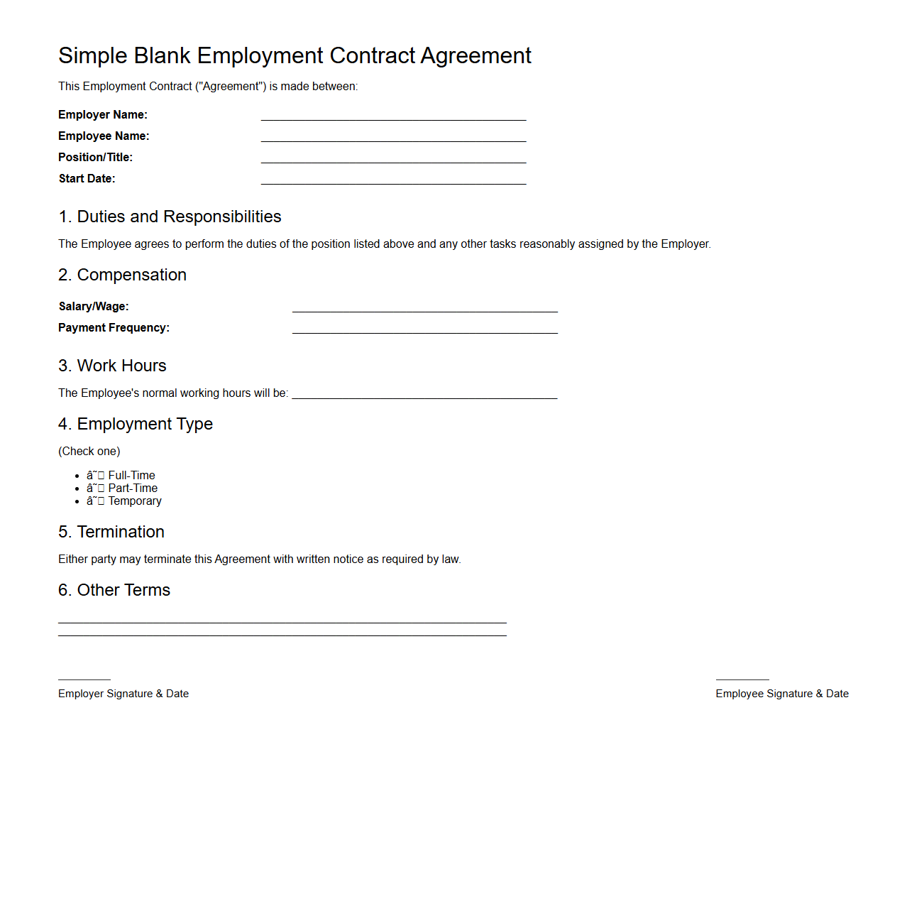 Simple Blank Employment Contract Agreement for New Employees