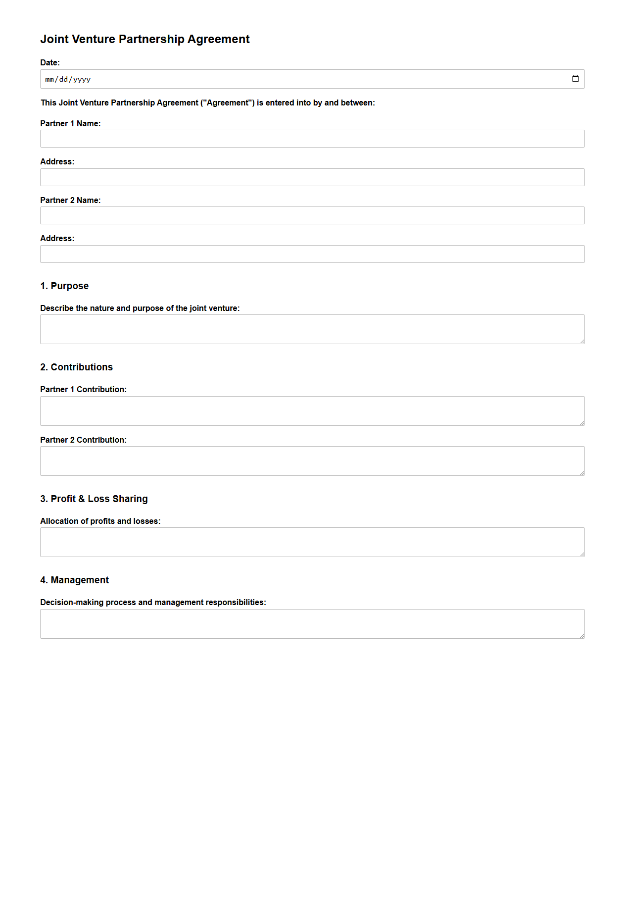 Simple Blank Joint Venture Partnership Agreement Form