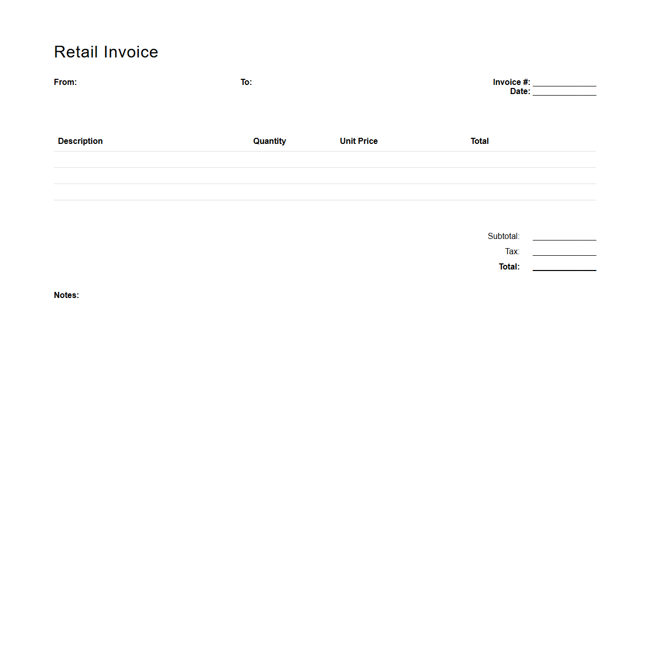 Simple Blank Retail Invoice Template