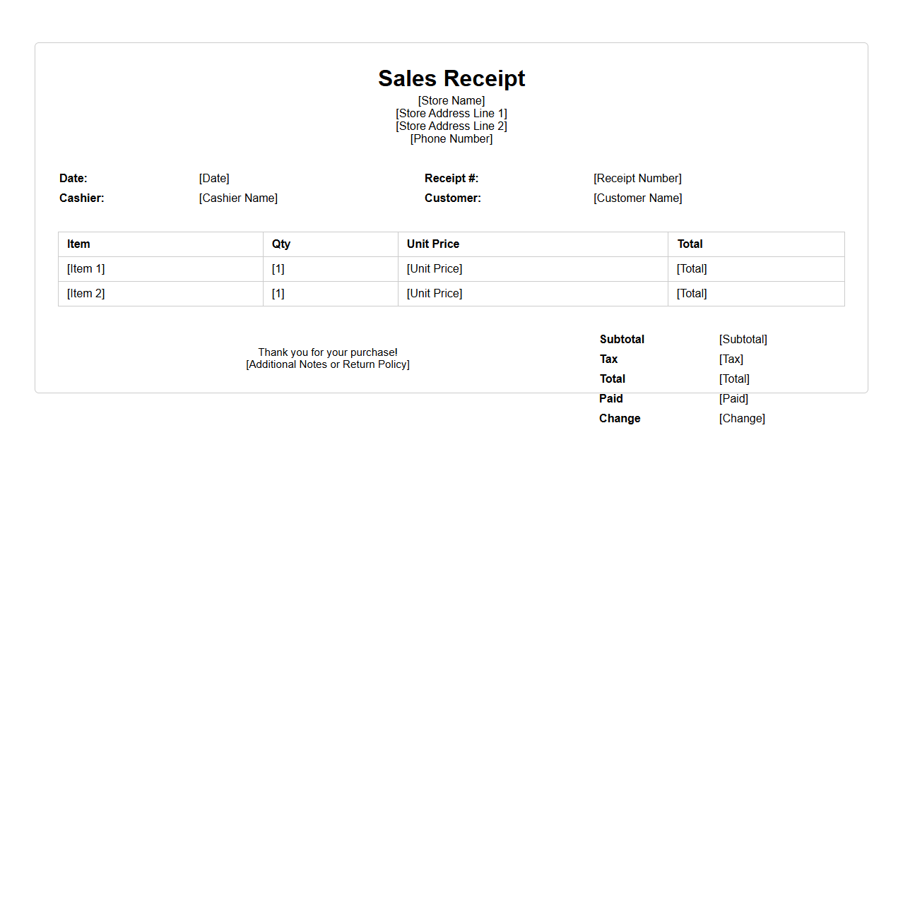 Simple Blank Sales Receipt for Retail Transactions