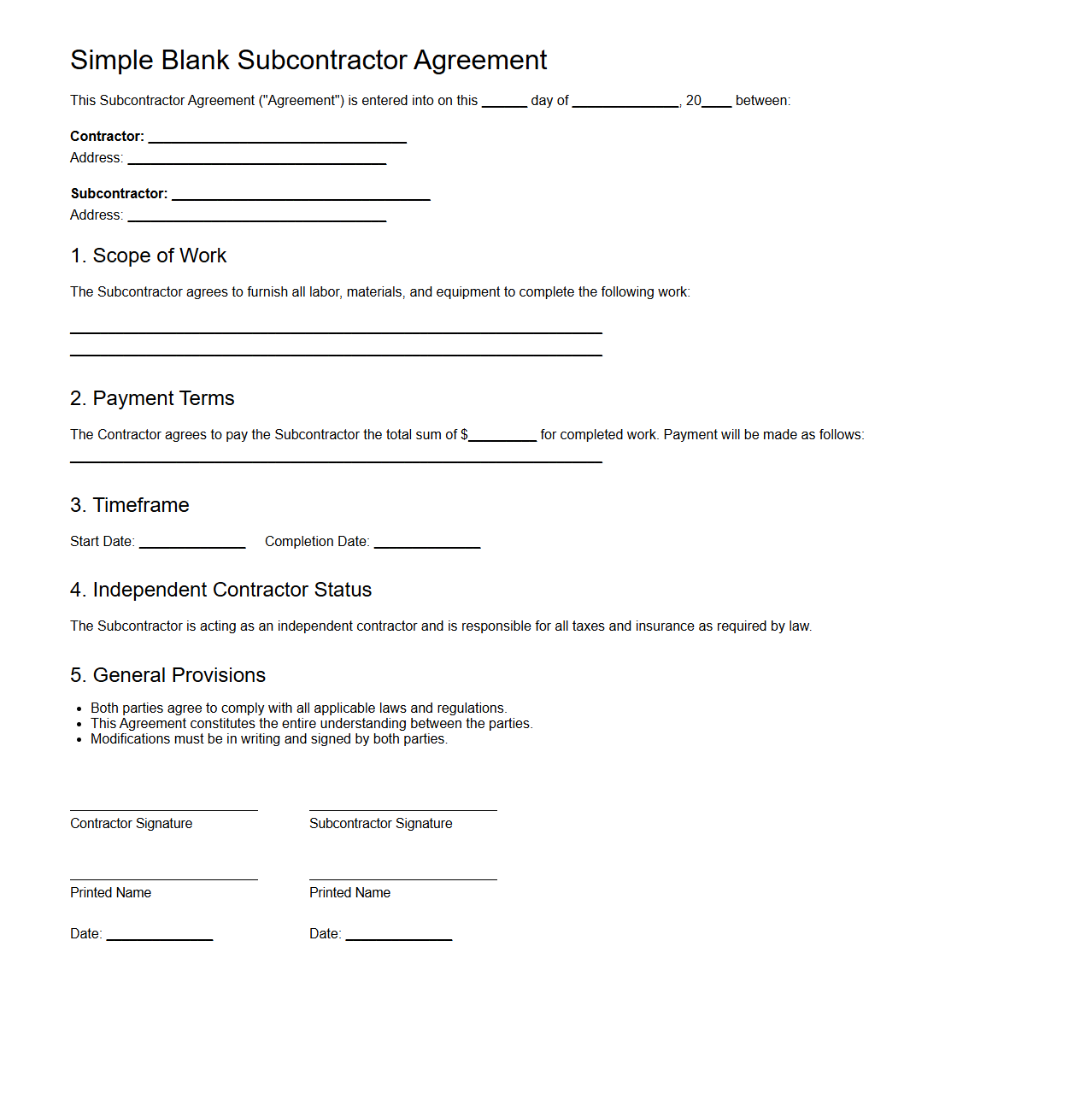 Simple Blank Subcontractor Agreement for Small Construction Jobs